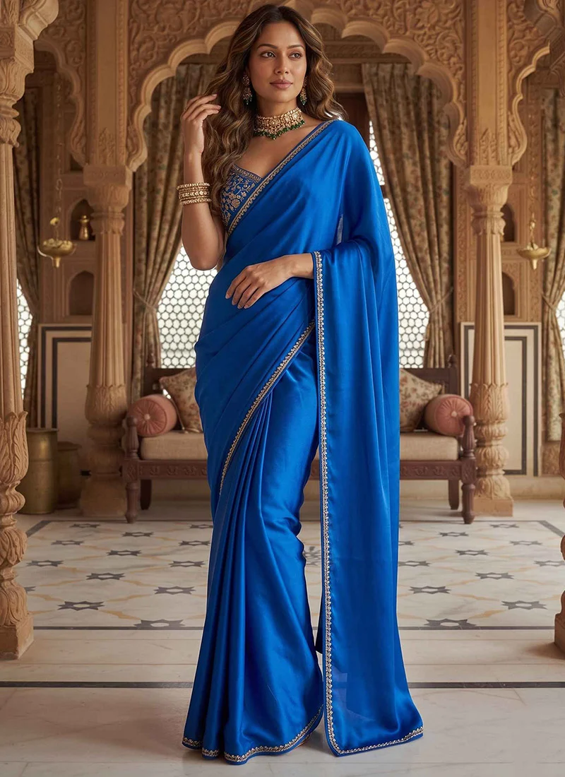blue satin blend zari hand embroidered sequins pre draped saree sasccrm202581b u blue satin blend zari hand embroidered sequins pre draped saree sasccrm202581b u